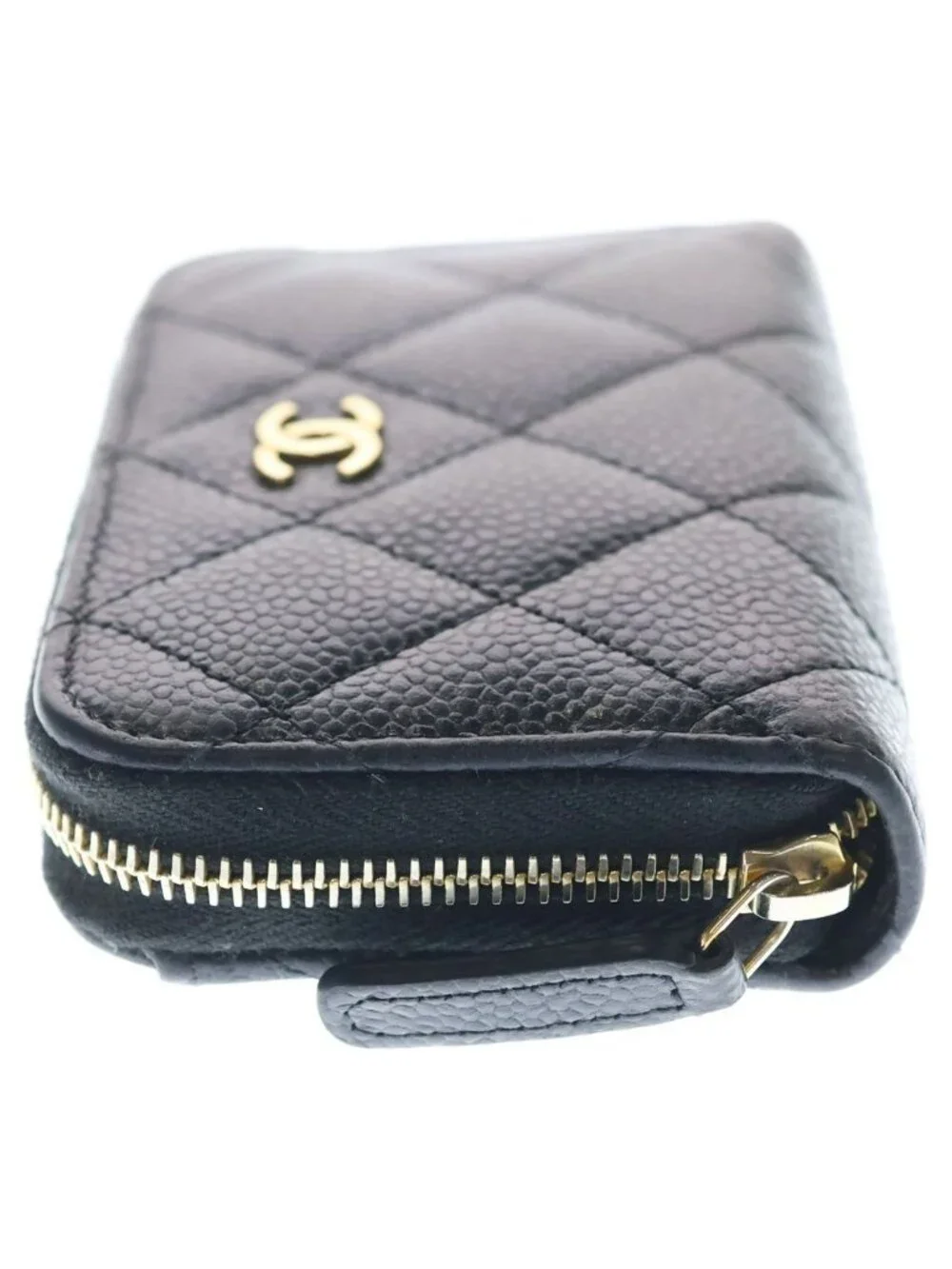Chanel Quilted Classic Caviar Leather Zip Coin Purse Gold Black